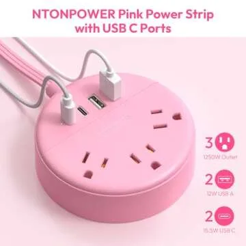 NTONPOWER Pink Power Strip, 5ft Extension Cord, 3 AC Outlets & 2 USB C & 2 USB A, Flat Extension Cord, Wall Mount, Flat Plug Power Strip for Home, Dorm, Vanity Desk, Nightstand, Women Travel Essential