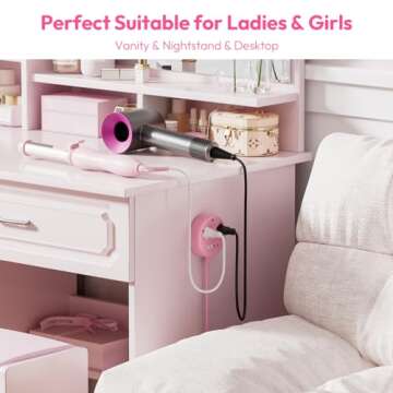 NTONPOWER Pink Power Strip, 5ft Extension Cord, 3 AC Outlets & 2 USB C & 2 USB A, Flat Extension Cord, Wall Mount, Flat Plug Power Strip for Home, Dorm, Vanity Desk, Nightstand, Women Travel Essential