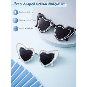 Konohan 2 Pairs Rhinestone Heart Shaped Sunglasses Bride and Groom Bling Sunglasses for Wedding Honeymoon(Black with Gray, White with Gray)