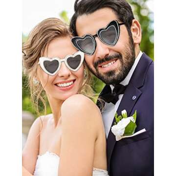 Konohan 2 Pairs Rhinestone Heart Shaped Sunglasses Bride and Groom Bling Sunglasses for Wedding Honeymoon(Black with Gray, White with Gray)