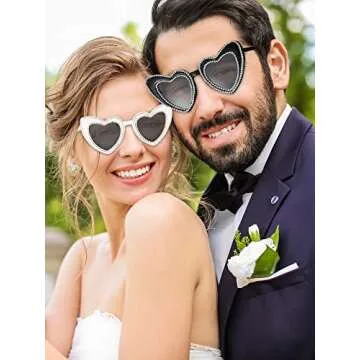Konohan 2 Pairs Rhinestone Heart Shaped Sunglasses Bride and Groom Bling Sunglasses for Wedding Honeymoon(Black with Gray, White with Gray)