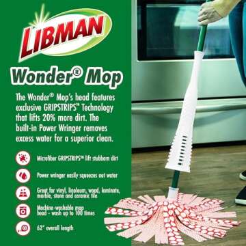 Libman Wonder Mop & Refills Kit – for Tough Messes and Powerful Cleanup – Easy to Wring, Long Handled Wet Mop for Hardwood, Tile, Laminate. Includes Three Replacement Heads, Machine Washable, 62 Inch