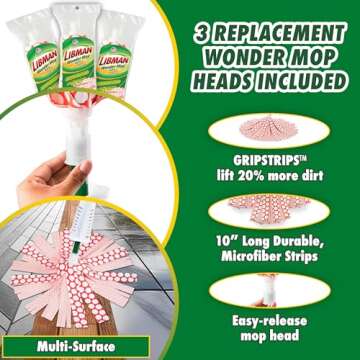Libman Wonder Mop & Refills Kit – for Tough Messes and Powerful Cleanup – Easy to Wring, Long Handled Wet Mop for Hardwood, Tile, Laminate. Includes Three Replacement Heads, Machine Washable, 62 Inch