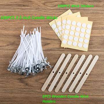 MILIVIXAY 3.5" Candle Wick Bundle: 100PCS Candle Wicks, 100PCS Candle Wick Stickers and 6PCS Wooden ...