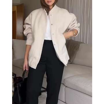 Kissonic Womens Wool Blend Jacket Oversized Bomber Jacket Casual Stand Collar Button Down Varsity Sh...