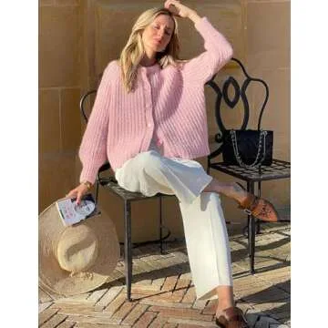 Wyeysyt Women Cardigan Sweater Button Down Long Sleeve Chunky Soft Knit Sweater Fall Open Front Loose Casual Cardigan Coat(Pink-Large)