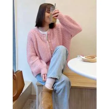 Wyeysyt Women Cardigan Sweater Button Down Long Sleeve Chunky Soft Knit Sweater Fall Open Front Loose Casual Cardigan Coat(Pink-Large)