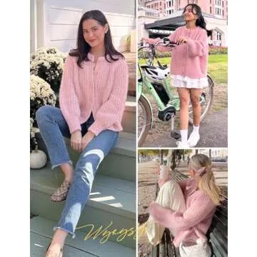 Wyeysyt Women Cardigan Sweater Button Down Long Sleeve Chunky Soft Knit Sweater Fall Open Front Loose Casual Cardigan Coat(Pink-Large)