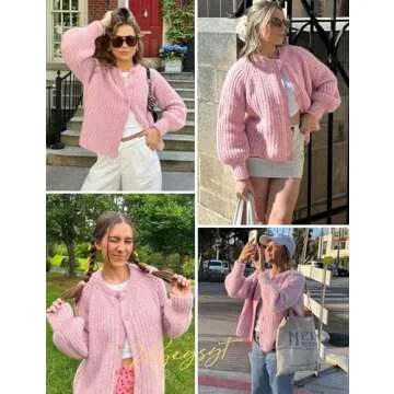 Wyeysyt Women Cardigan Sweater Button Down Long Sleeve Chunky Soft Knit Sweater Fall Open Front Loose Casual Cardigan Coat(Pink-Large)