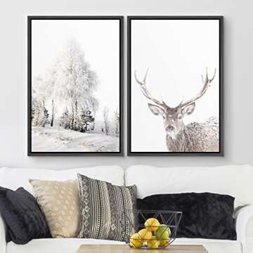 wall26 Framed Canvas Wall Art Print Set Winter Forest Tree and Mountain Deer Portrait Nature Animals...