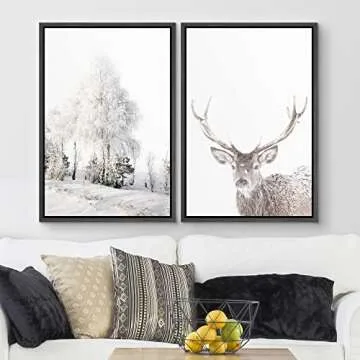 wall26 Framed Canvas Wall Art Print Set Winter Forest Tree and Mountain Deer Portrait Nature Animals...