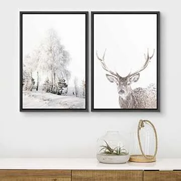 wall26 Framed Canvas Wall Art Print Set Winter Forest Tree and Mountain Deer Portrait Nature Animals Photography Modern Rustic Scenic Multicolor for Living Room, Bedroom, Office - 24"x36"x2 Black
