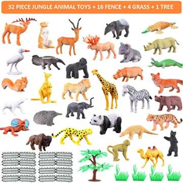 OuMuaMua 65 Pieces Animal Figures Toy Set, Plastic Mini Educational Jungle Animal Toys for Boys Girls Kids Toddlers Farm Animals. Including 44 Mini Animal Figures,16 Fences, 4 Grass and 1 Trees
