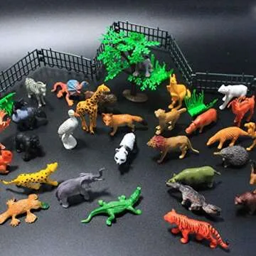 OuMuaMua 65 Pieces Animal Figures Toy Set, Plastic Mini Educational Jungle Animal Toys for Boys Girls Kids Toddlers Farm Animals. Including 44 Mini Animal Figures,16 Fences, 4 Grass and 1 Trees