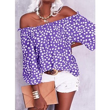 Teurkia Womens Off Shoulder Floral Print Blouse for Summer
