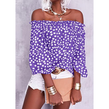 Teurkia Womens Off Shoulder Floral Print Blouse for Summer
