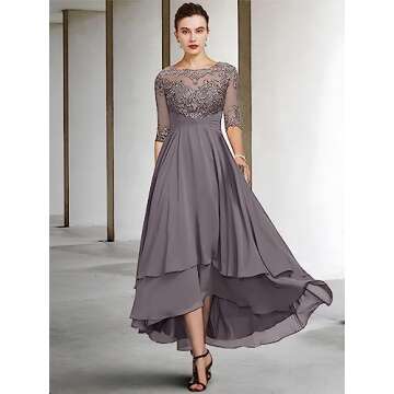 A Line Tea Length Mother of The Bride Dresses Royal Blue Ruffled Chiffon Long Formal Dress with Sleeves Size 6