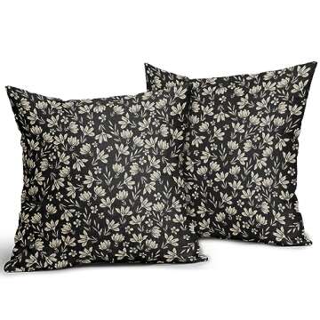 Vintage Flower Pillow Covers 20x20 Set of 2 Black Brown Floral Block Print Rustic Decorative Throw P...