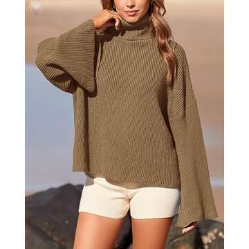 BTFBM Women's Turtleneck Pullover Sweaters 2024 Fall Winter Bell Long Sleeve Slouchy Oversized Ribbed Knit Jumper Tops(Solid Khaki, Small)