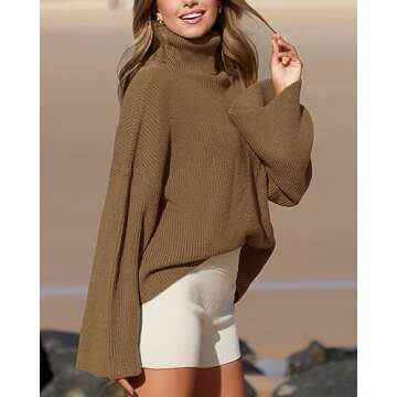 BTFBM Women's Turtleneck Pullover Sweaters 2024 Fall Winter Bell Long Sleeve Slouchy Oversized Ribbed Knit Jumper Tops(Solid Khaki, Small)