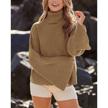 BTFBM Women's Turtleneck Pullover Sweaters 2024 Fall Winter Bell Long Sleeve Slouchy Oversized Ribbed Knit Jumper Tops(Solid Khaki, Small)