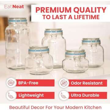 EatNeat Set of 5 Glass Storage Jars - Glass Canister w/Bail & Trigger Clasp Lid - Premium Food Storage and Canning Jars for Pantry Organization - Versatile Containers in Assorted Sizes, 17oz to 68oz