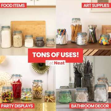 EatNeat Set of 5 Glass Storage Jars - Glass Canister w/Bail & Trigger Clasp Lid - Premium Food Storage and Canning Jars for Pantry Organization - Versatile Containers in Assorted Sizes, 17oz to 68oz