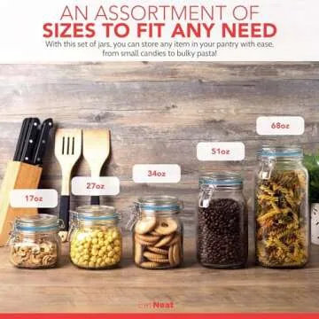 EatNeat Set of 5 Glass Storage Jars - Glass Canister w/Bail & Trigger Clasp Lid - Premium Food Storage and Canning Jars for Pantry Organization - Versatile Containers in Assorted Sizes, 17oz to 68oz