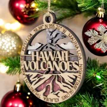 Hawaii Volcanoes National Park Ornament - Handmade Wood Laser Cut Christmas Decoration, Erupting Vol...