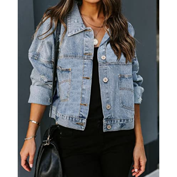 ZOLUCKY Women's Ripped Jean Jacket Vintage Washed Boyfriend Denim Jacket Long Sleeve Classic Distressed Loose Jean Jacket, Light Blue Small