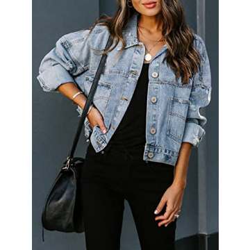 ZOLUCKY Women's Ripped Jean Jacket Vintage Washed Boyfriend Denim Jacket Long Sleeve Classic Distressed Loose Jean Jacket, Light Blue Small