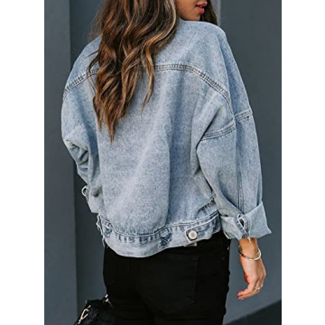 ZOLUCKY Women's Ripped Jean Jacket Vintage Washed Boyfriend Denim Jacket Long Sleeve Classic Distressed Loose Jean Jacket, Light Blue Small
