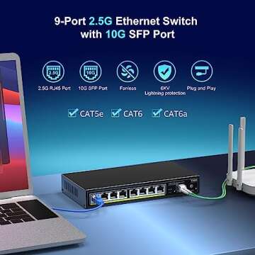 8 Port Unmanaged Ethernet Switch with 10G SFP, VIMIN 8-Port Base-T Ports with 60Gbps Switching Capac...