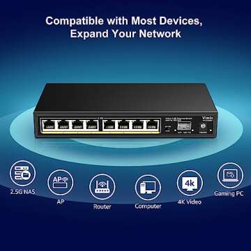 8 Port Unmanaged Ethernet Switch with 10G SFP, VIMIN 8-Port Base-T Ports with 60Gbps Switching Capacity, Metal Housing, Fanless, for Desktop