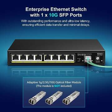 8 Port Unmanaged Ethernet Switch with 10G SFP, VIMIN 8-Port Base-T Ports with 60Gbps Switching Capacity, Metal Housing, Fanless, for Desktop