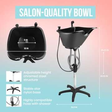 Dompel Portable shampoo Bowl for Handicap & Disabled, Seniors, Hairstylist and home services, wash unit Bowl with Chrome Steel Structure, Durable & Convenient 22 L