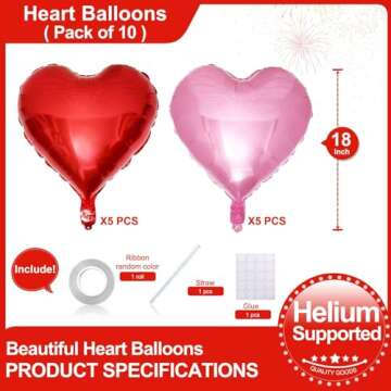 Lovoir 10 Pcs Red Pearl Pink Heart Shape Foil Mylar Balloons 18 Inch Love Balloons for Valentine's D...