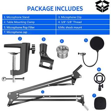 Desktop Microphone Stand, Mic Boom Arm with Shock Mount, Adjustable Suspension Boom Scissor Arm with pop Filter for Blue Yeti Snowball,Radio Broadcasting and Recording (A1)