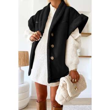 Cicy Bell Womens Suede Sherpa Vest Faux Fur Shearling Jacket Oversized Cap Sleeve Button Down Winter...