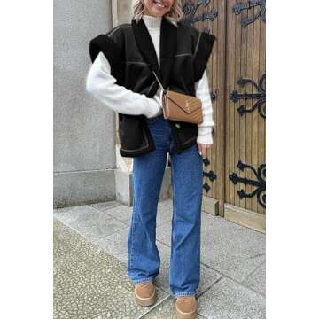 Cicy Bell Womens Suede Sherpa Vest Faux Fur Shearling Jacket Oversized Cap Sleeve Button Down Winter Coats