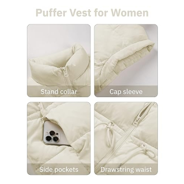 Ameliever Womens Puffer Vest Stand Collar Quilted Zip Up Padded Gilet Puffy Sleeveless Jacket Bubble Vest(Beige-S)