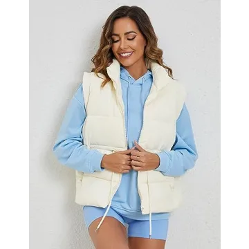 Ameliever Womens Puffer Vest Stand Collar Quilted Zip Up Padded Gilet Puffy Sleeveless Jacket Bubble Vest(Beige-S)