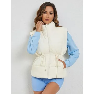Ameliever Womens Puffer Vest Stand Collar Quilted Zip Up Padded Gilet Puffy Sleeveless Jacket Bubble Vest(Beige-S)