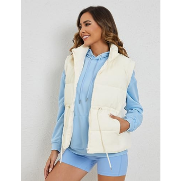 Ameliever Womens Puffer Vest Stand Collar Quilted Zip Up Padded Gilet Puffy Sleeveless Jacket Bubble Vest(Beige-S)