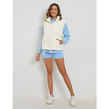 Ameliever Womens Puffer Vest Stand Collar Quilted Zip Up Padded Gilet Puffy Sleeveless Jacket Bubble Vest(Beige-S)