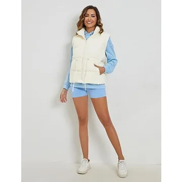 Ameliever Womens Puffer Vest Stand Collar Quilted Zip Up Padded Gilet Puffy Sleeveless Jacket Bubble Vest(Beige-S)