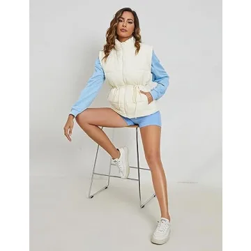 Ameliever Womens Puffer Vest Stand Collar Quilted Zip Up Padded Gilet Puffy Sleeveless Jacket Bubble Vest(Beige-S)