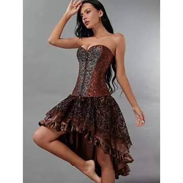 Steampunk Corset Pirate Dress Skirt with Tutu Set Bustier Plus Size Vintage Lace up Gothic Costume Brown M