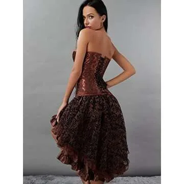 Steampunk Corset Pirate Dress Skirt with Tutu Set Bustier Plus Size Vintage Lace up Gothic Costume Brown M