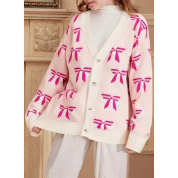 blibean Girls Long Sleeve Cardigan Sweater Big Kid Fall Open Front Button Down V Neck Bow Printed Kn...
